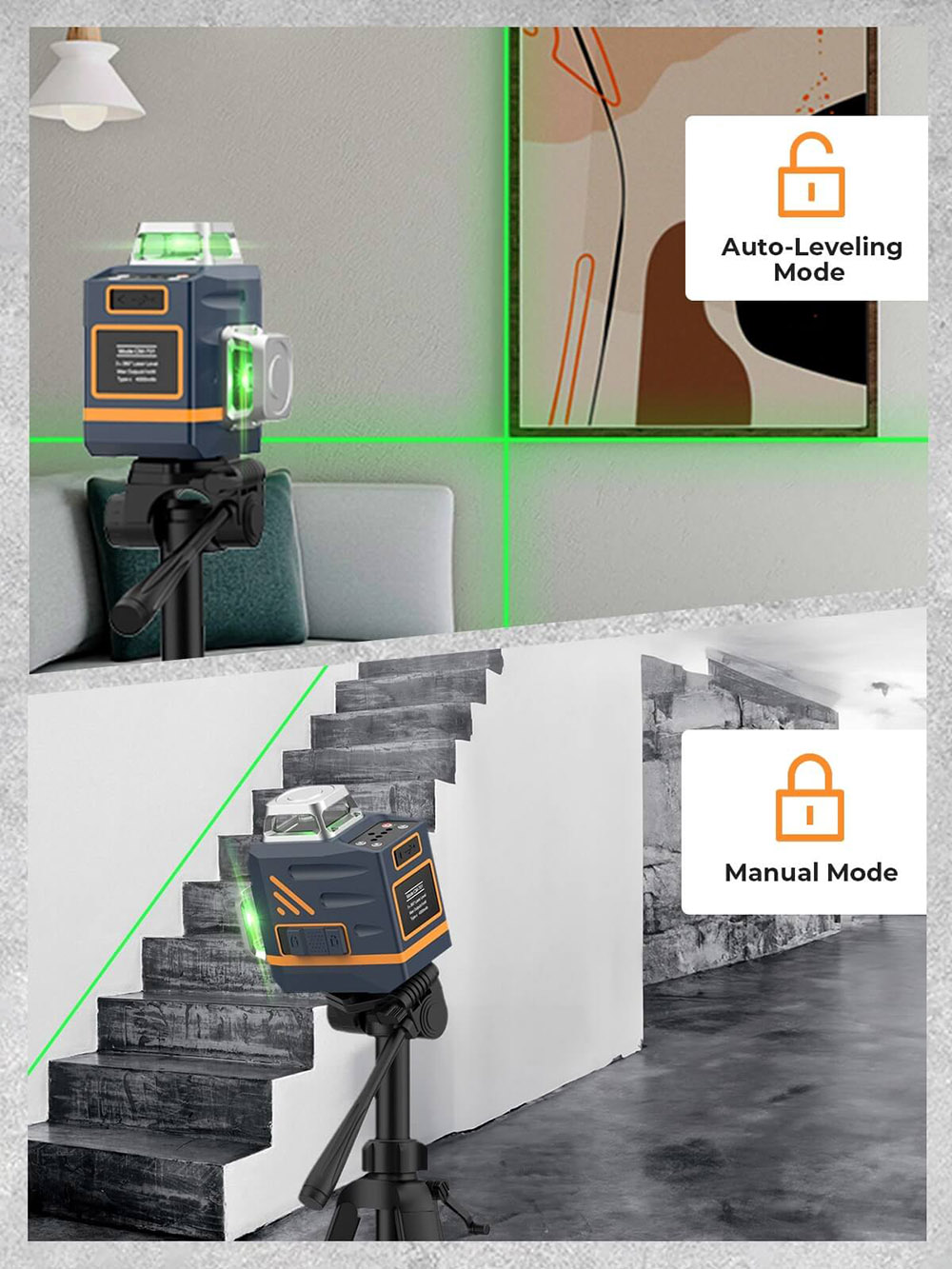 CIGMAN CM-701T 3x360° Laser-Wasserwaage mit 1,5m Stativ, Fernbedienung, Selbstnivellierung, 4000mAh Akku