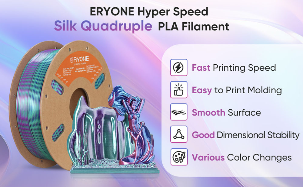 ERYONE High Speed Four-color Silk PLA Filament, 1kg - Aurora Dream(Tea Green & Violet & Electric Pink & Indigo)