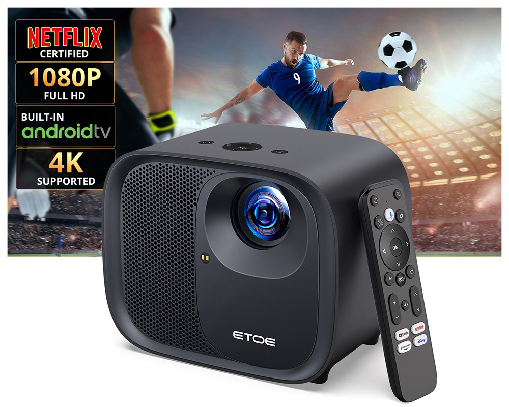 Refurbished ETOE E3 Pro Projector with Android TV, 600 ANSI, Native 1080P, 4K Decoding, Auto Focus & Keystone Correction, Dual-Band WiFi and 20W Audio - EU Plug
