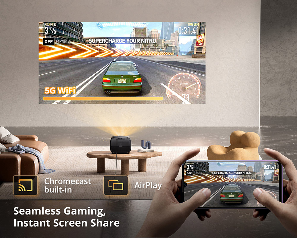 Refurbished ETOE E3 Pro Projector with Android TV, 600 ANSI, Native 1080P, 4K Decoding, Auto Focus & Keystone Correction, Dual-Band WiFi and 20W Audio - EU Plug