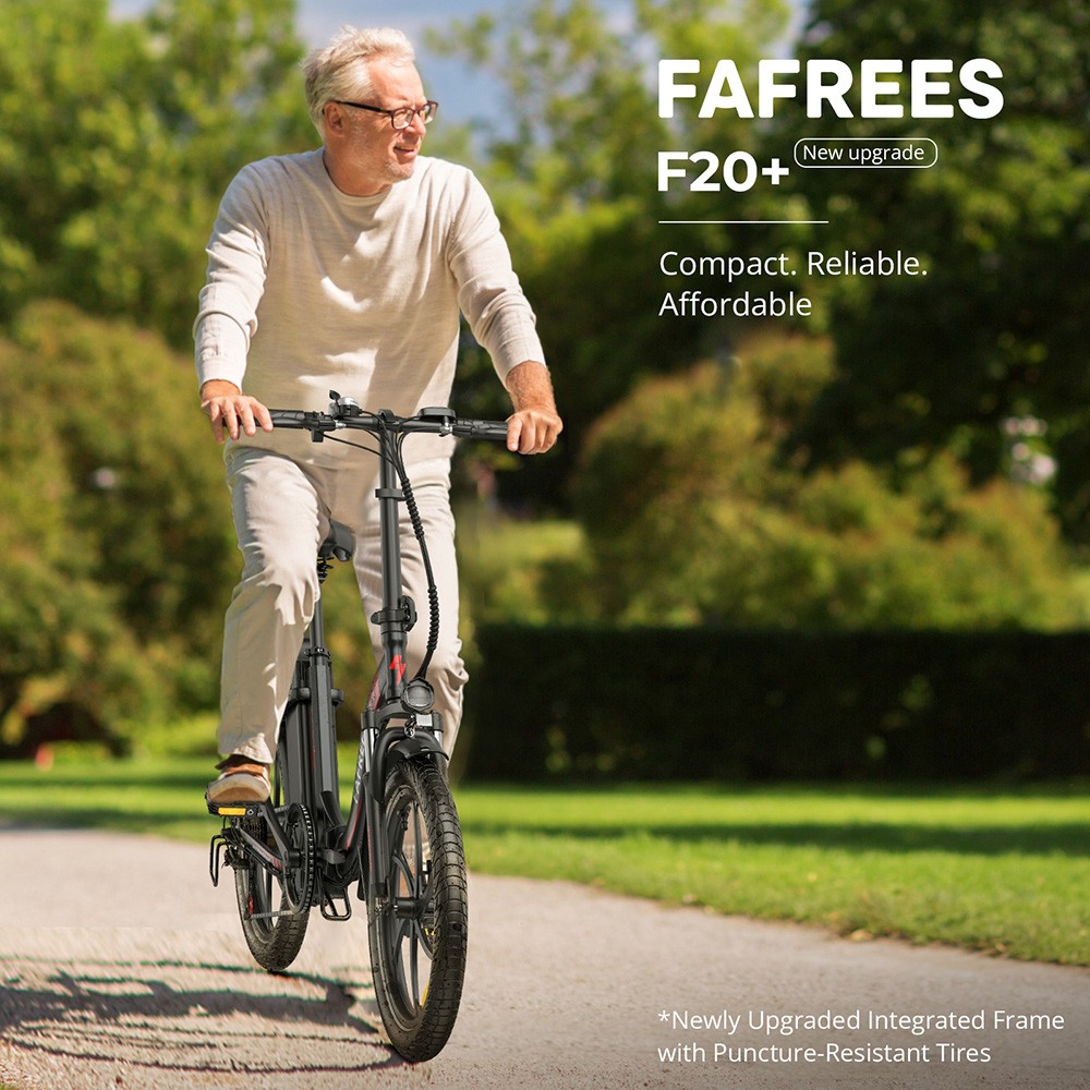 Fafrees F20+ Faltbares Elektrofahrrad, 250-W-Motor, 36-V-20-Ah-Akku, 20 x 3,0-Zoll-Reifen, 25 km/h Höchstgeschwindigkeit, 90 km maximale Reichweite, Scheibenbremsen, Vorderradfederung, Shimano 7-Gang-Schaltung – Schwarz
