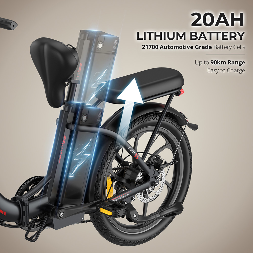 Fafrees F20+ Faltbares Elektrofahrrad, 250-W-Motor, 36-V-20-Ah-Akku, 20 x 3,0-Zoll-Reifen, 25 km/h Höchstgeschwindigkeit, 90 km maximale Reichweite, Scheibenbremsen, Vorderradfederung, Shimano 7-Gang-Schaltung – Schwarz