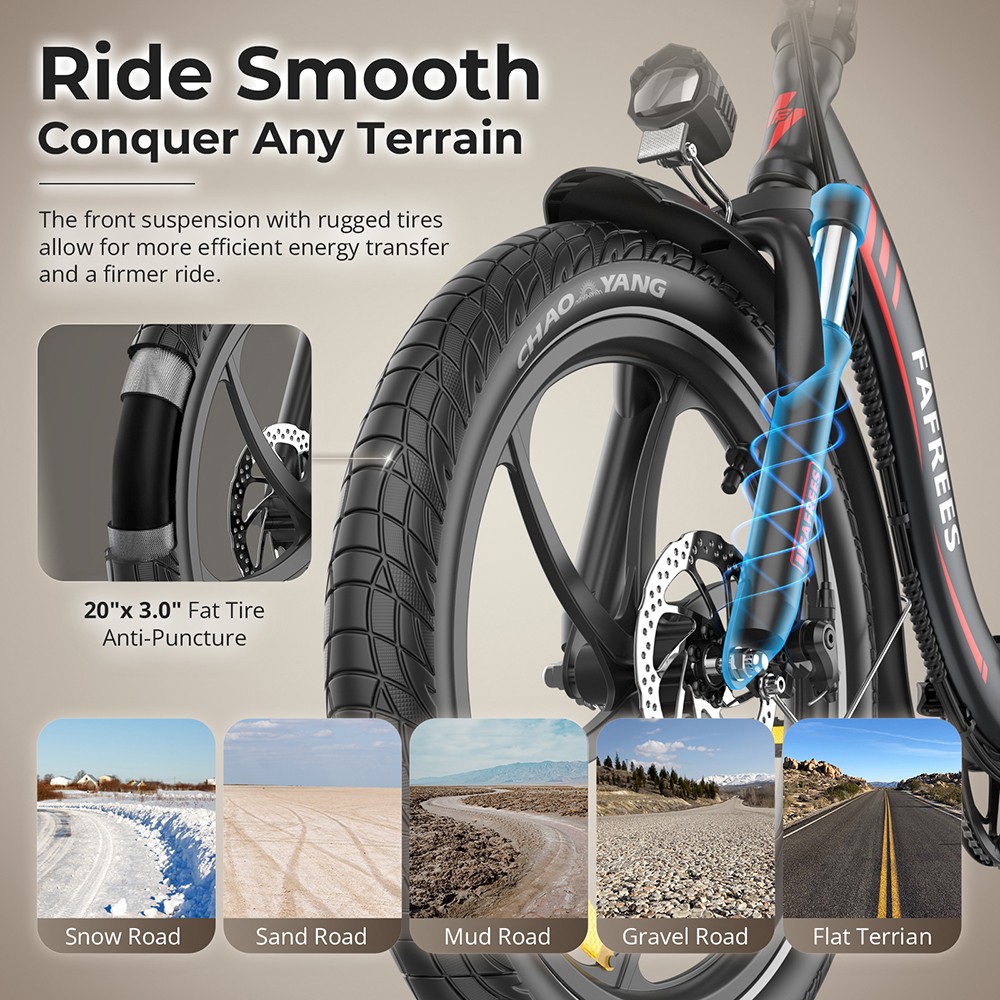 Fafrees F20+ Faltbares Elektrofahrrad, 250-W-Motor, 36-V-20-Ah-Akku, 20 x 3,0-Zoll-Reifen, 25 km/h Höchstgeschwindigkeit, 90 km maximale Reichweite, Scheibenbremsen, Vorderradfederung, Shimano 7-Gang-Schaltung – Schwarz