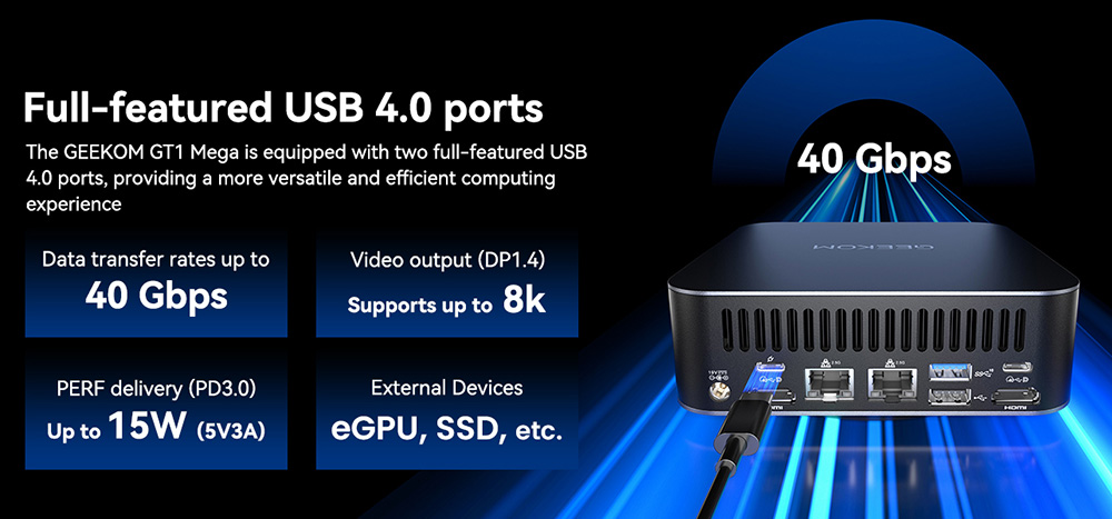 GEEKOM GT1 Mega AI Mini PC, Intel Core Ultra 5-125H 14 Cores Max 4.5GHz, 32GB RAM 1TB SSD, 2*HDMI + 2*USB 4.0 Four Screen Display, WiFi 7 Bluetooth 5.4, 5*USB3.2 Type-A, 1*USB2.0, 2*2.5Gbps RJ45, 1*SD Card Slot, 1*Headset Jack - UK Plug
