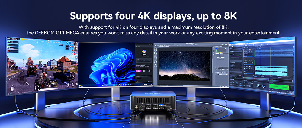 GEEKOM GT1 Mega AI Mini PC, Intel Core Ultra 5-125H 14 Cores Max 4.5GHz, 32GB RAM 1TB SSD, 2*HDMI + 2*USB 4.0 Four Screen Display, WiFi 7 Bluetooth 5.4, 5*USB3.2 Type-A, 1*USB2.0, 2*2.5Gbps RJ45, 1*SD Card Slot, 1*Headset Jack - UK Plug