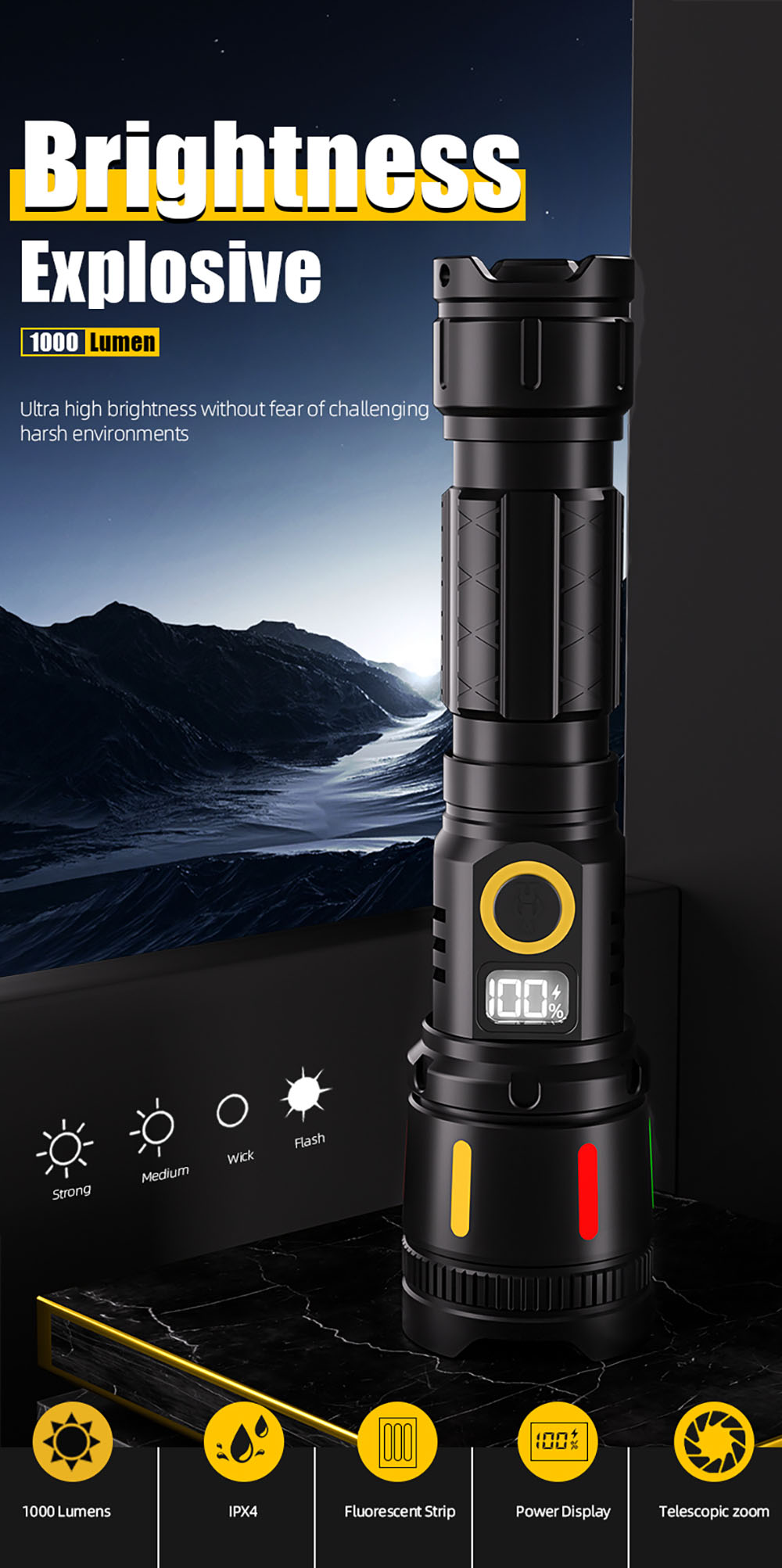 M156 1000 Lumen Rechargeable LED Flashlight, White Laser, IPX4 Waterproof, Zoomable Focus, 2700mAh 18650 Lithium Battery, Type-C Charging, LCD Power Display for Outdoor, Camping, Hiking, Emergency