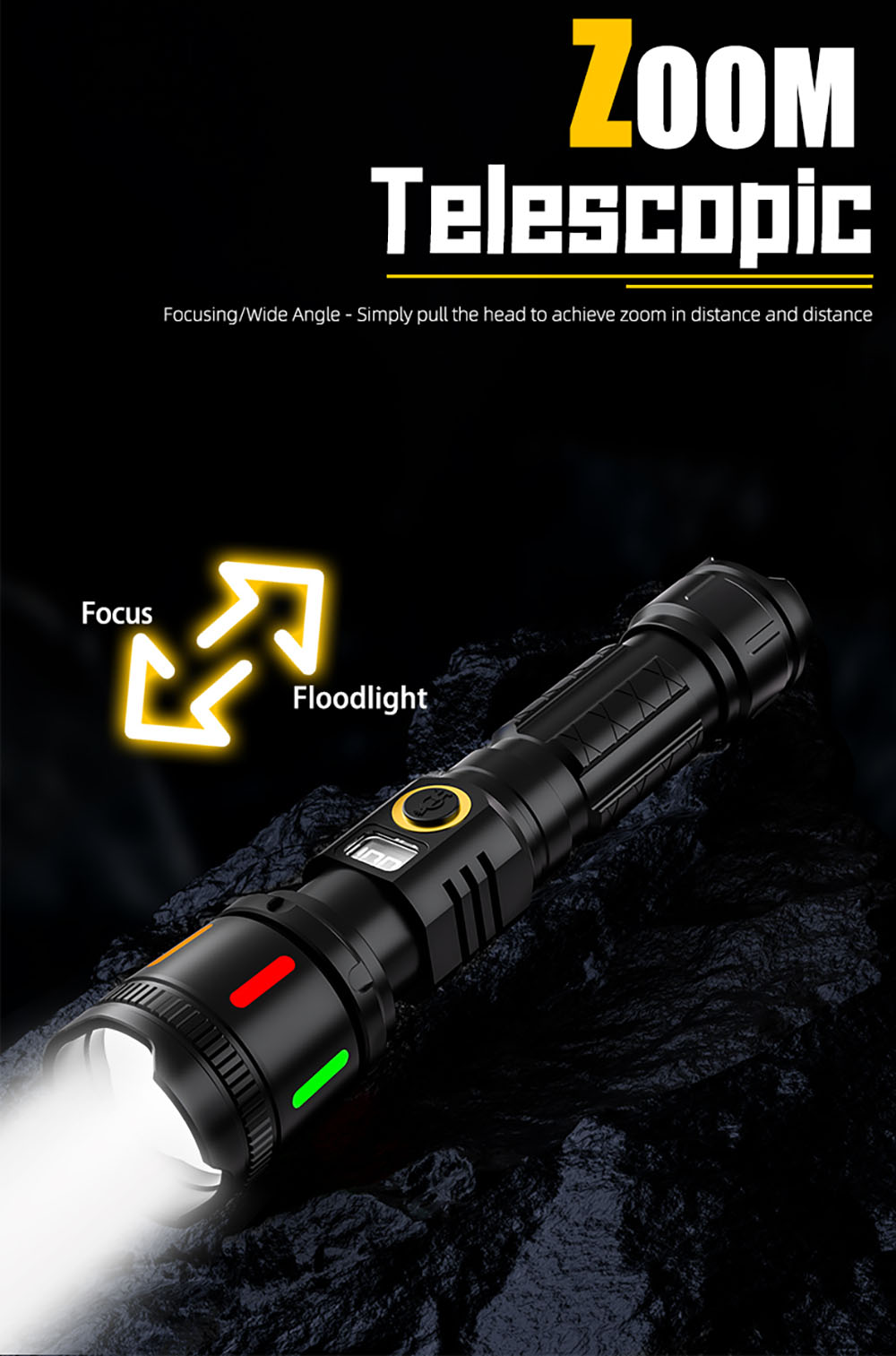 M156 1000 Lumen Rechargeable LED Flashlight, White Laser, IPX4 Waterproof, Zoomable Focus, 2700mAh 18650 Lithium Battery, Type-C Charging, LCD Power Display for Outdoor, Camping, Hiking, Emergency