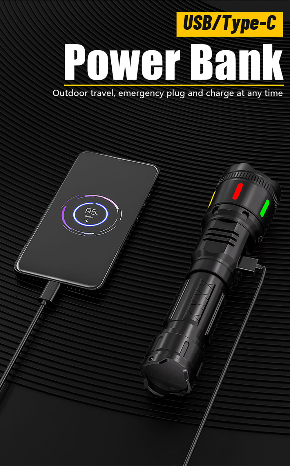 M156 1000 Lumen Rechargeable LED Flashlight, White Laser, IPX4 Waterproof, Zoomable Focus, 2700mAh 18650 Lithium Battery, Type-C Charging, LCD Power Display for Outdoor, Camping, Hiking, Emergency