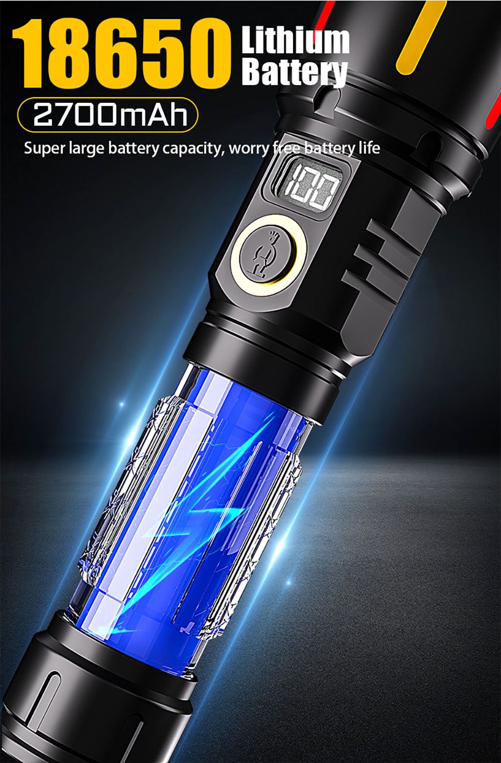 M156 1000 Lumen Rechargeable LED Flashlight, White Laser, IPX4 Waterproof, Zoomable Focus, 2700mAh 18650 Lithium Battery, Type-C Charging, LCD Power Display for Outdoor, Camping, Hiking, Emergency