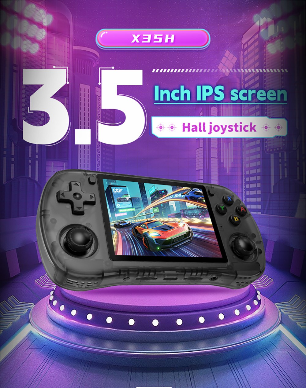 Powkiddy X35H Handheld Game Console, 3.5 inch IPS Screen, 16GB+64GB TF Card, Open Source Linux System, 6 Hours Playtime, HDMI Output - Black