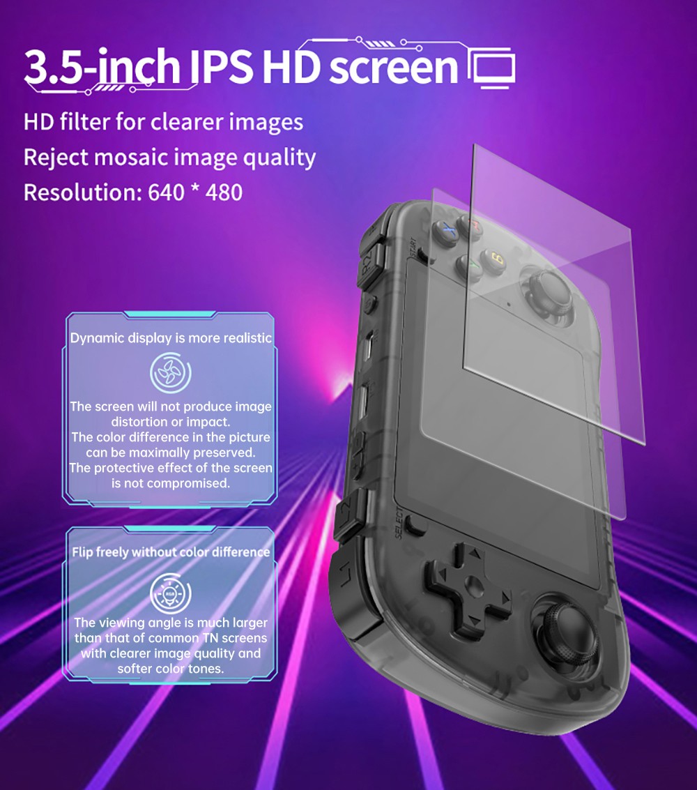 Powkiddy X35H Handheld Game Console, 3.5 inch IPS Screen, 16GB+64GB TF Card, Open Source Linux System, 6 Hours Playtime, HDMI Output - Black
