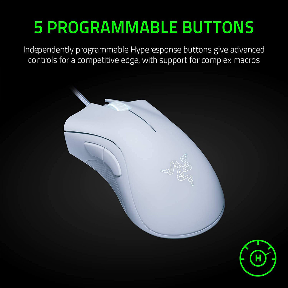 Razer DeathAdder Essential Gaming Mouse, 6400 DPI Optical Sensor, 5 Programmable Buttons, Mechanical Switches, Rubber Side Grips - White