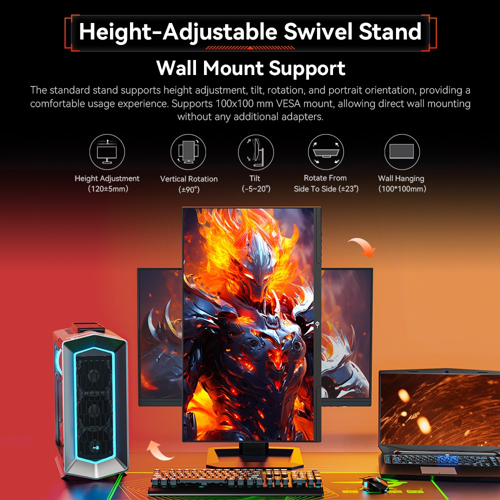 TITAN ARMY P2510S PLUS 24.5 inch Gaming Monitor, 2560*1440 16:9 Fast IPS Screen, 240Hz Refresh Rate, HDR50, 123% sRGB, Adaptive-Sync, Dynamic OD, Game+ Assist, 12 Scenario Modes, PIP & PBP Display, Low Blue Light, Height-adjustable Swivel Stand