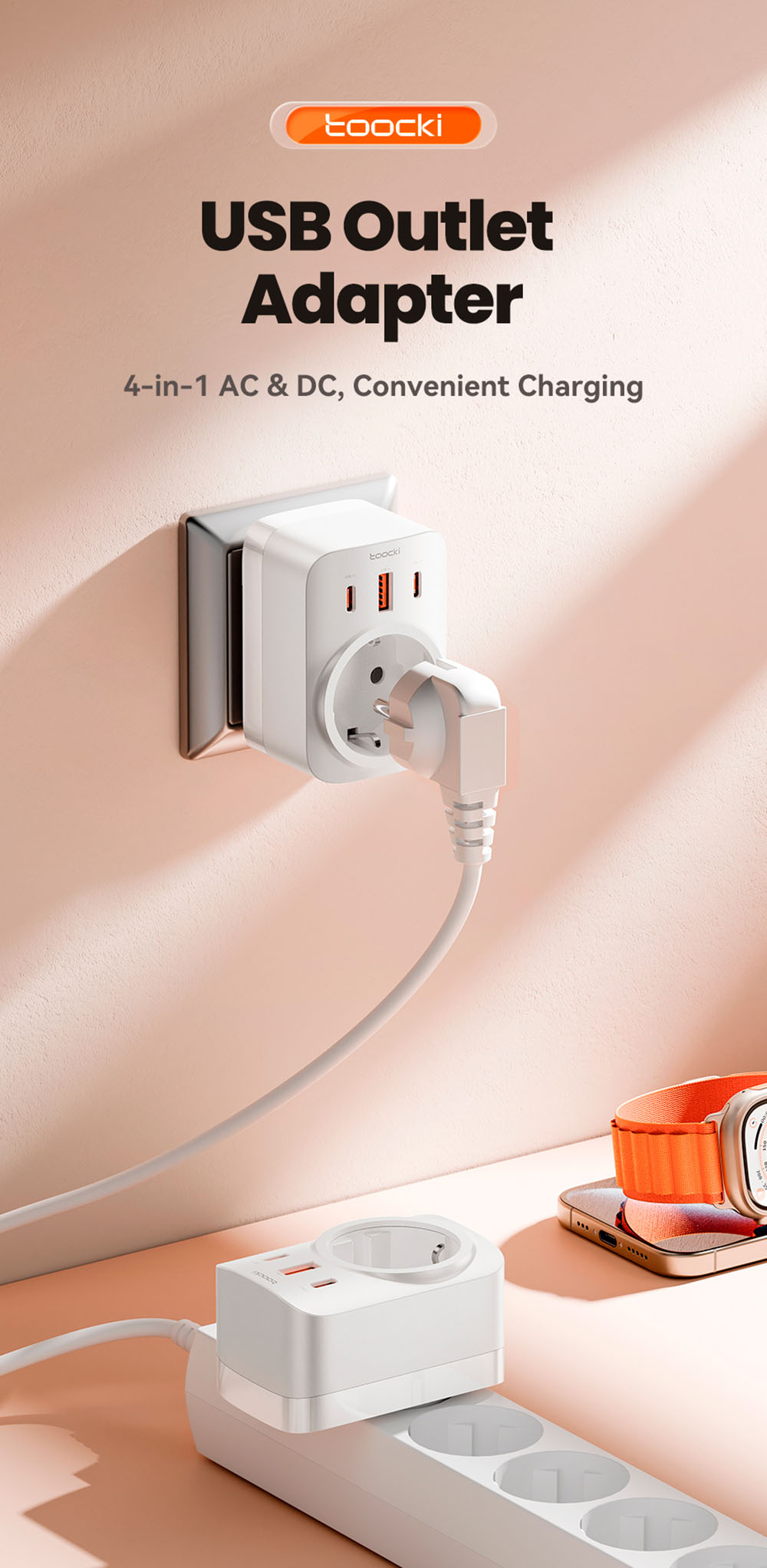 Toocki TCT30-X0Z8 PD30W Outlet Extender, Triple Port Fast Charging, 3680W AC Outlet, GaN Technology, White