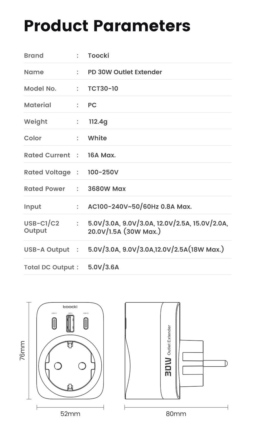 Toocki TCT30-X0Z8 PD30W Outlet Extender, Triple Port Fast Charging, 3680W AC Outlet, GaN Technology, White