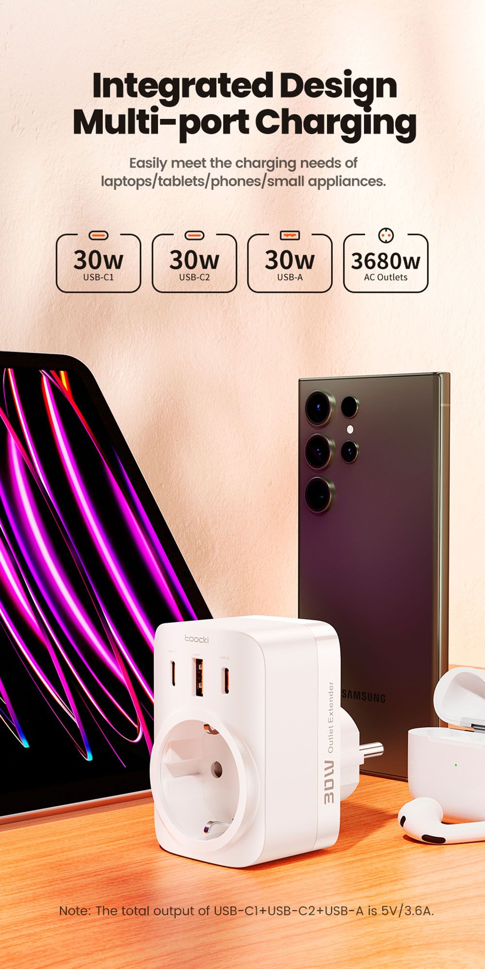 Toocki TCT30-X0Z8 PD30W Outlet Extender, Triple Port Fast Charging, 3680W AC Outlet, GaN Technology, White