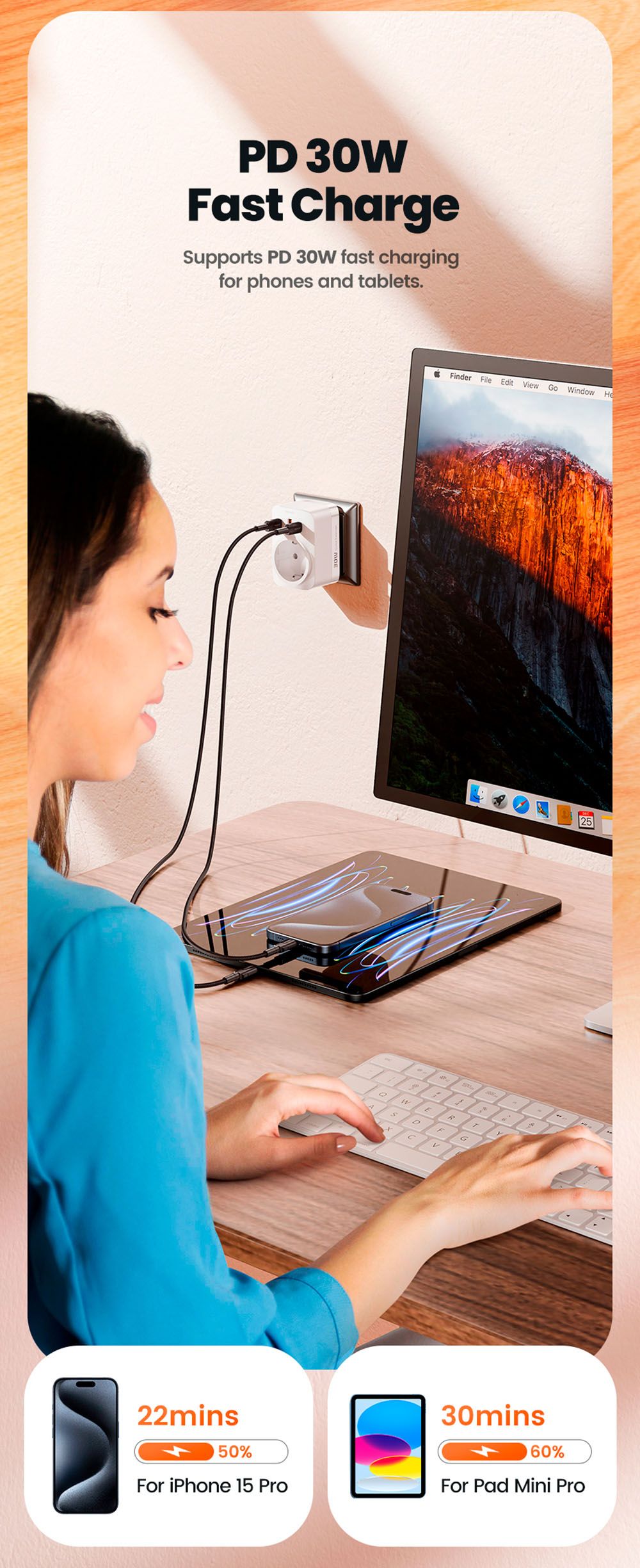 Toocki TCT30-X0Z8 PD30W Outlet Extender, Triple Port Fast Charging, 3680W AC Outlet, GaN Technology, White