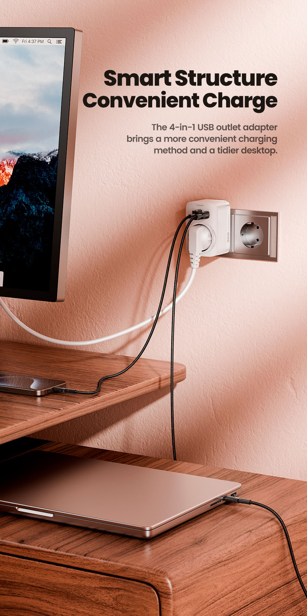 Toocki TCT30-X0Z8 PD30W Outlet Extender, Triple Port Fast Charging, 3680W AC Outlet, GaN Technology, White