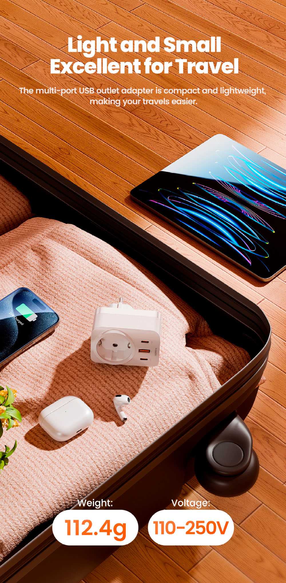 Toocki TCT30-X0Z8 PD30W Outlet Extender, Triple Port Fast Charging, 3680W AC Outlet, GaN Technology, White