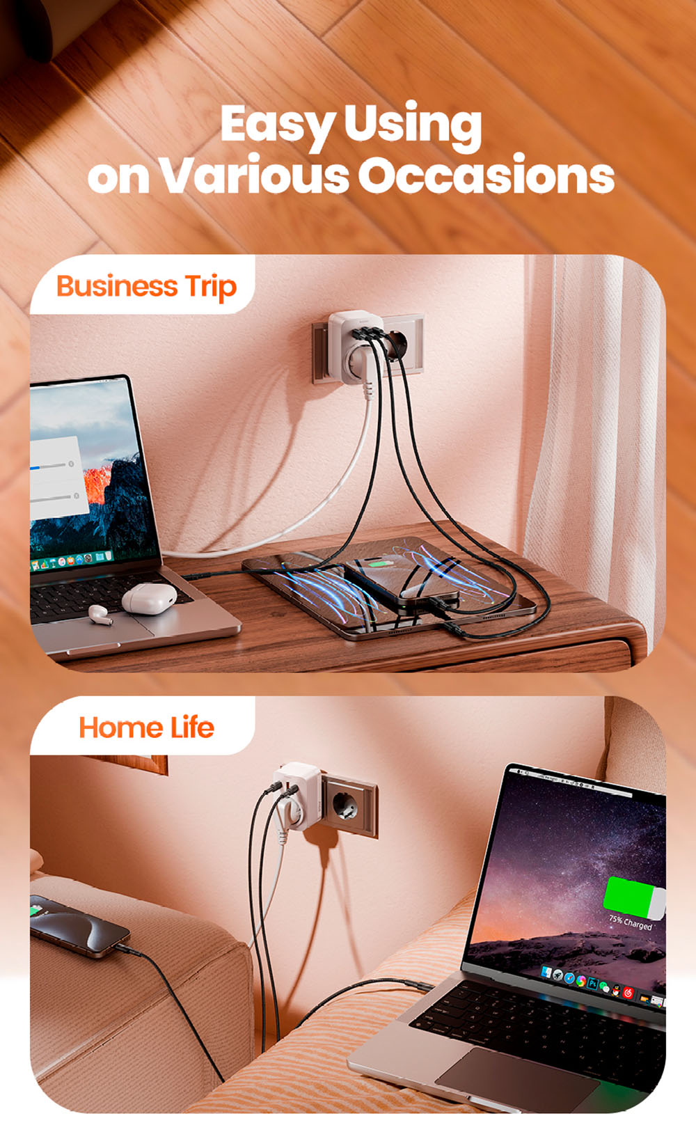 Toocki TCT30-X0Z8 PD30W Outlet Extender, Triple Port Fast Charging, 3680W AC Outlet, GaN Technology, White