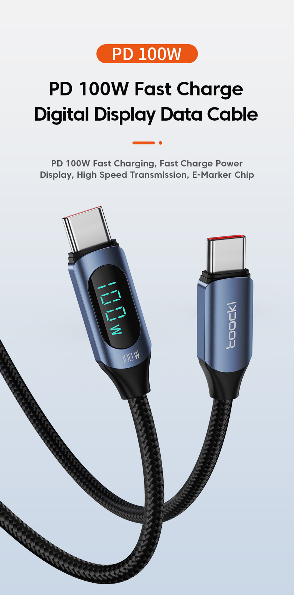 Toocki TXCTT1-XY01 PD 100W Fast Charging Cable, 5A, Smart Digital Display, E-Marker Chip, 480Mbps Data Transfer, Braided Nylon, Blue - 2m