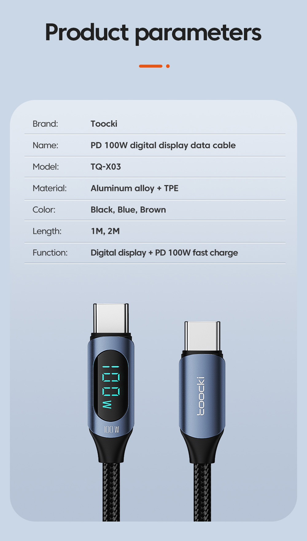 Toocki TXCTT1-XY01 PD 100W Fast Charging Cable, 5A, Smart Digital Display, E-Marker Chip, 480Mbps Data Transfer, Braided Nylon, Blue - 2m