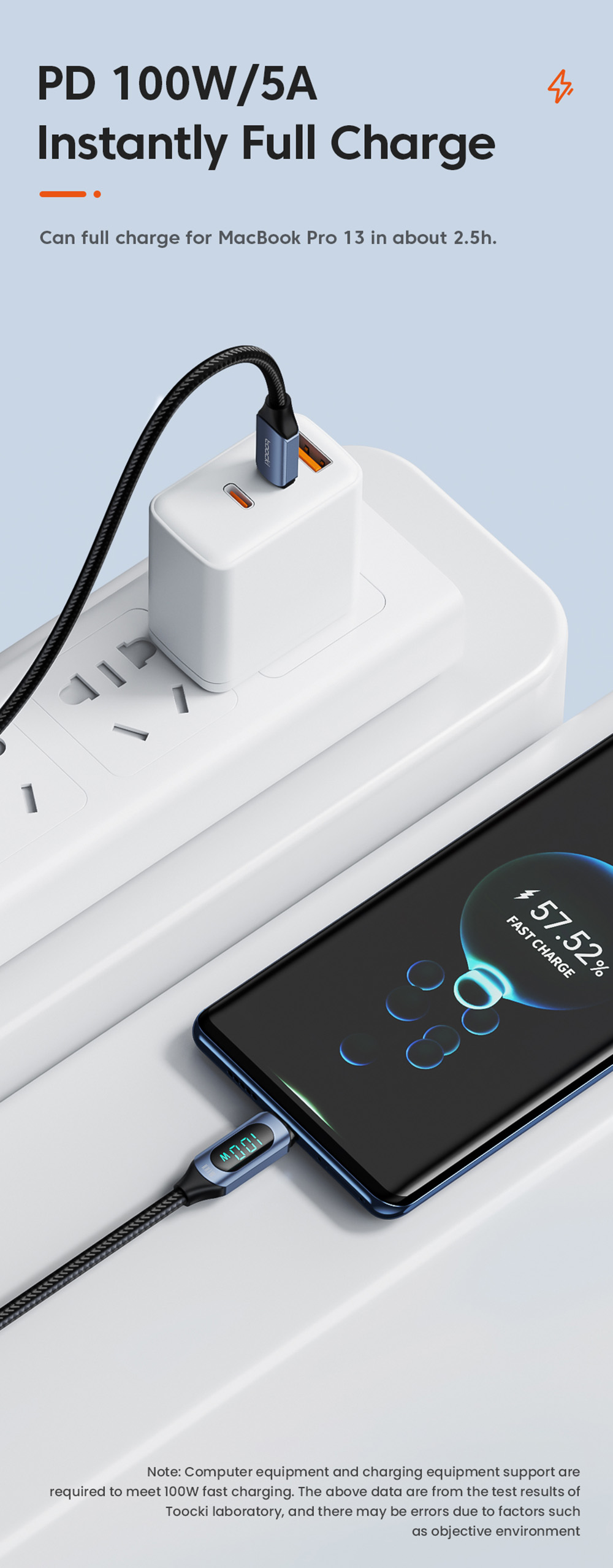 Toocki TXCTT1-XY01 PD 100W Fast Charging Cable, 5A, Smart Digital Display, E-Marker Chip, 480Mbps Data Transfer, Braided Nylon, Blue - 2m