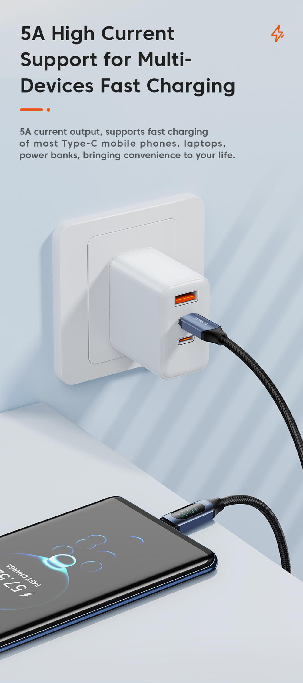 Toocki TXCTT1-XY01 PD 100W Fast Charging Cable, 5A, Smart Digital Display, E-Marker Chip, 480Mbps Data Transfer, Braided Nylon, Blue - 2m