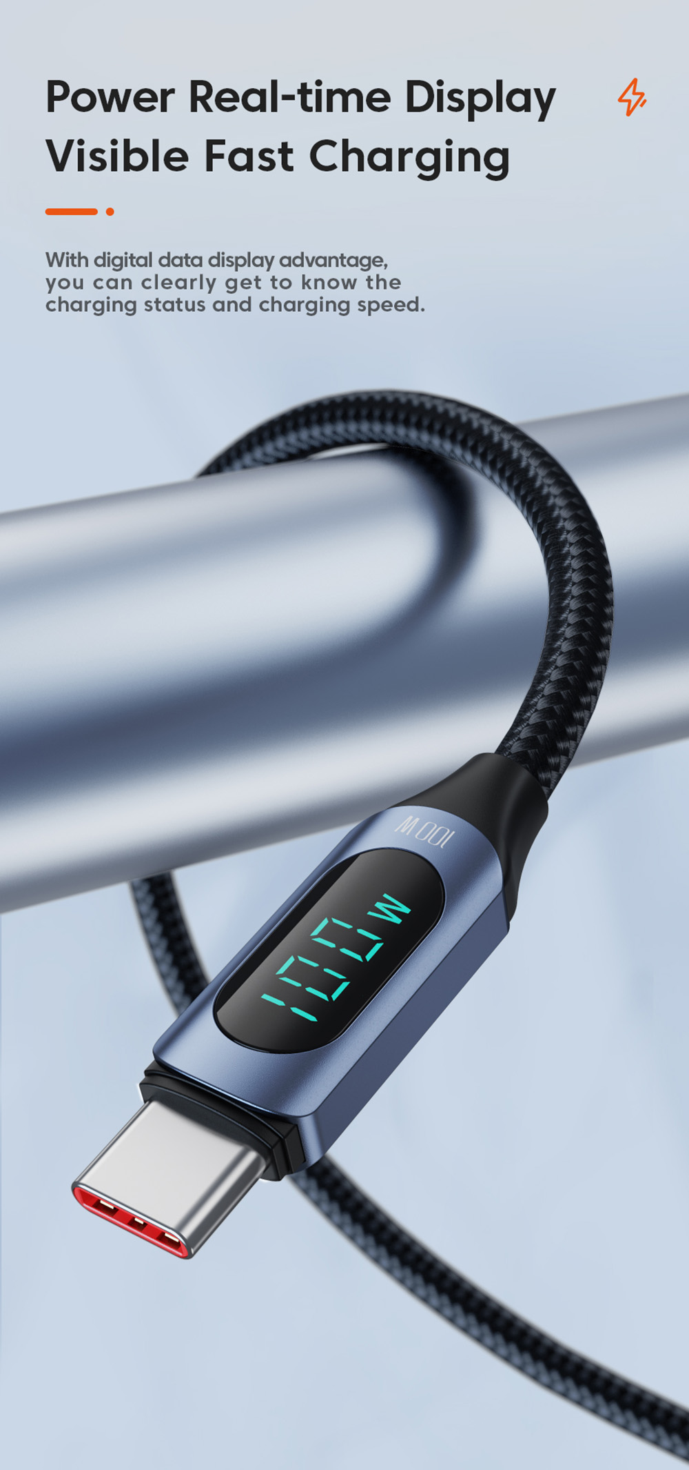 Toocki TXCTT1-XY01 PD 100W Fast Charging Cable, 5A, Smart Digital Display, E-Marker Chip, 480Mbps Data Transfer, Braided Nylon, Blue - 2m