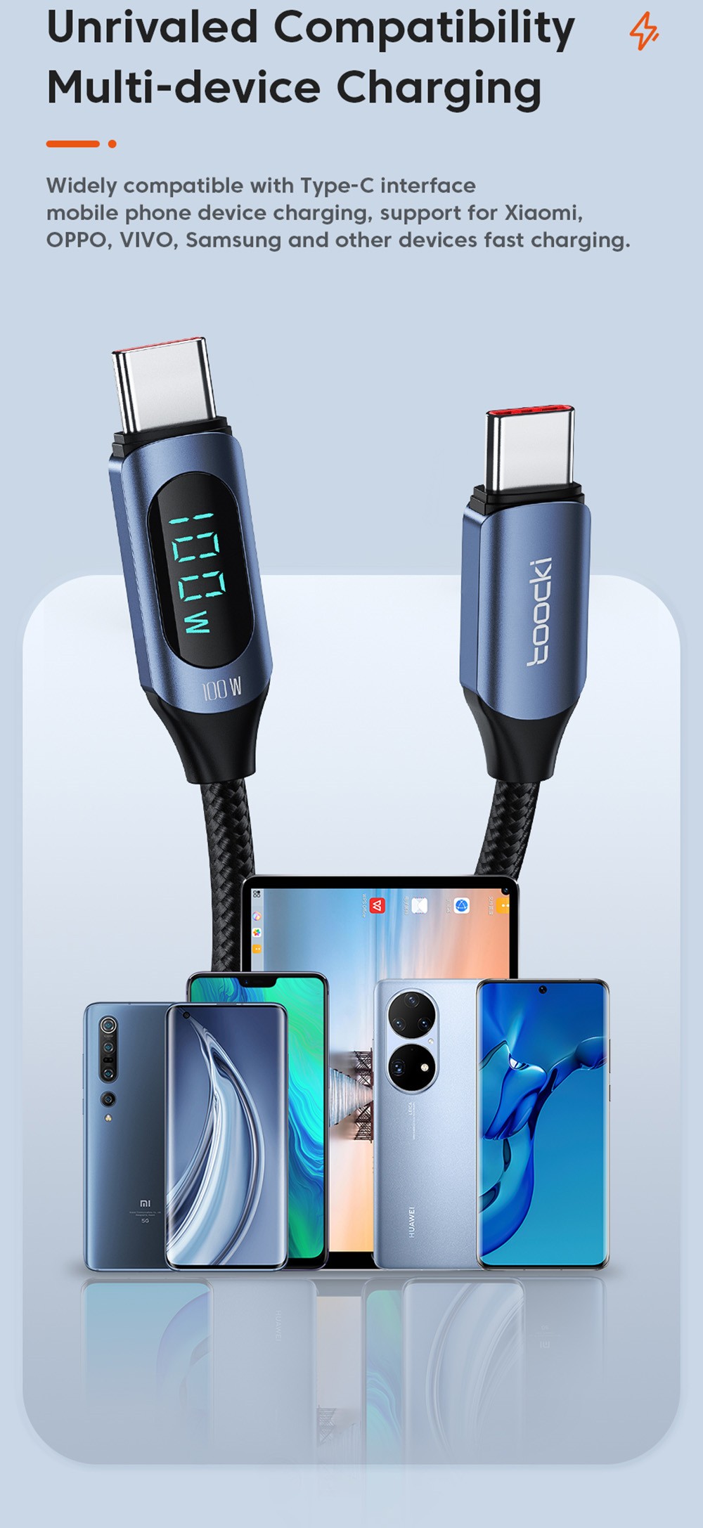 Toocki TXCTT1-XY01 PD 100W Fast Charging Cable, 5A, Smart Digital Display, E-Marker Chip, 480Mbps Data Transfer, Braided Nylon, Blue - 2m