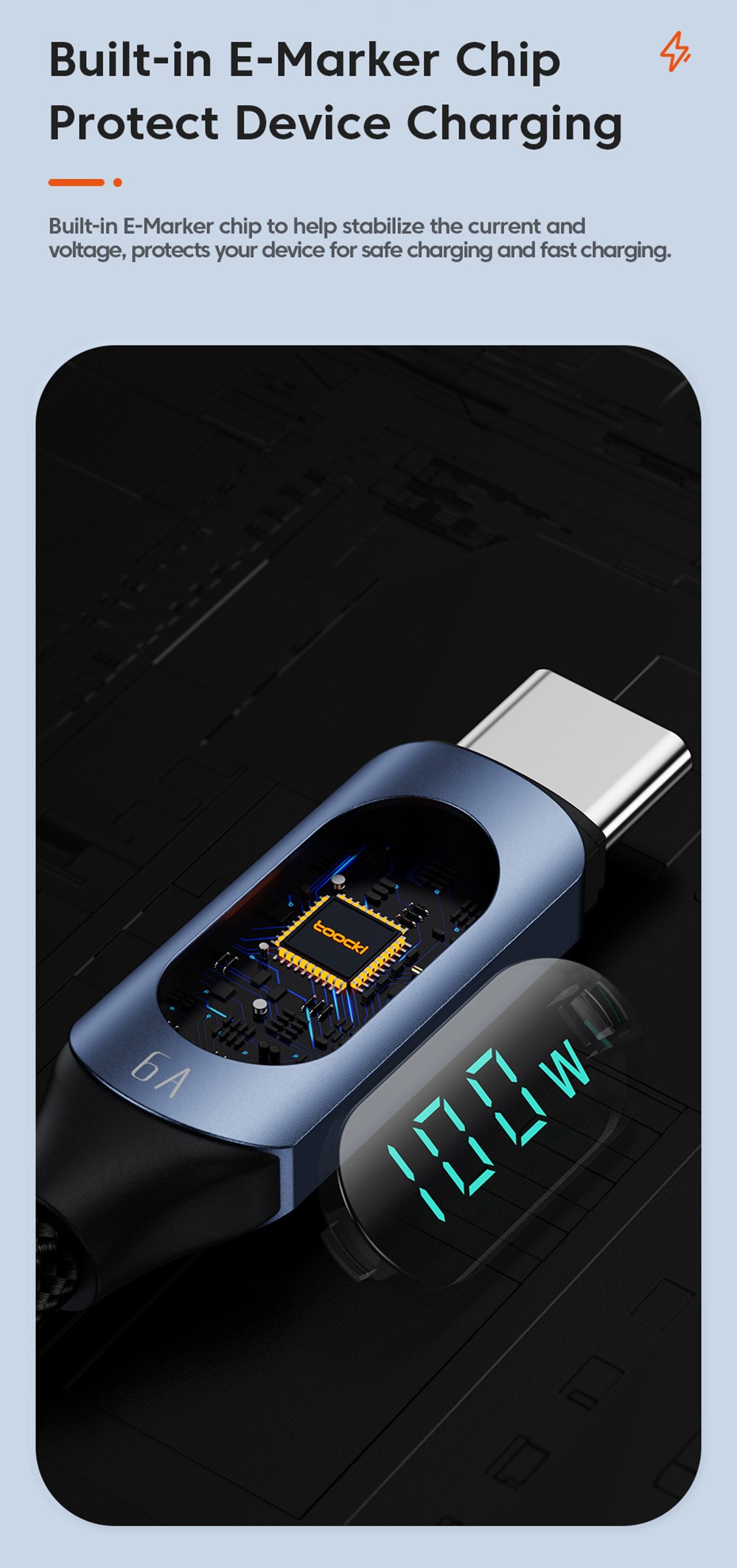 Toocki TXCTT1-XY01 PD 100W Fast Charging Cable, 5A, Smart Digital Display, E-Marker Chip, 480Mbps Data Transfer, Braided Nylon, Blue - 2m