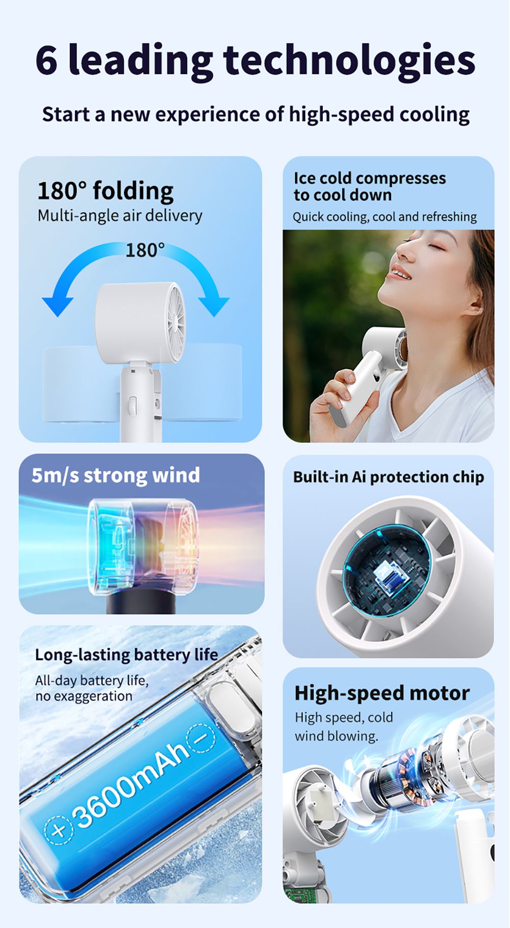 WT21 Portable Handheld Fan, Cooling, 3600mAh Battery, High-speed Motor, 180° Foldable, LED Digital Display, 100-level Speed Adjustment, Black