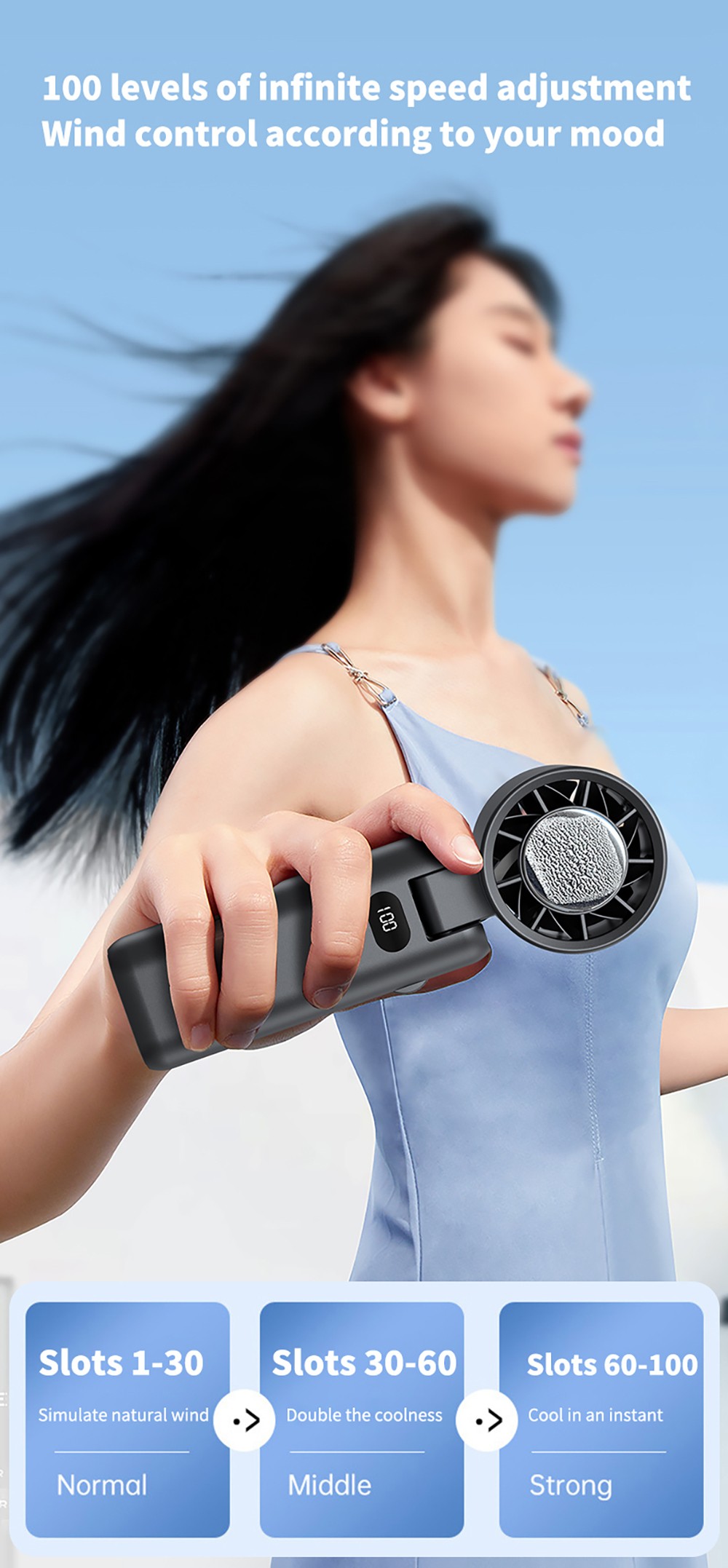 WT21 Portable Handheld Fan, Cooling, 3600mAh Battery, High-speed Motor, 180° Foldable, LED Digital Display, 100-level Speed Adjustment, Black