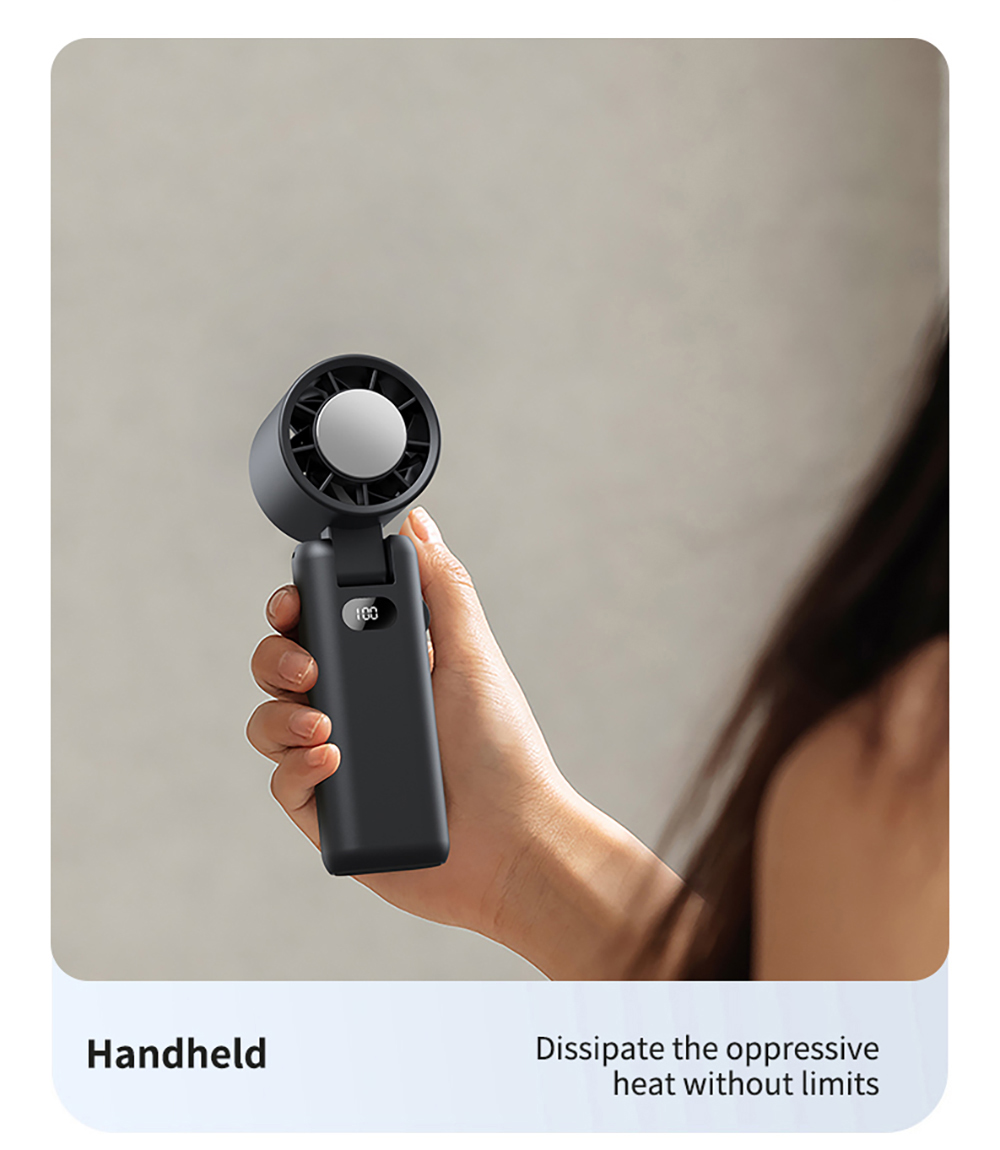 WT21 Portable Handheld Fan, Cooling, 3600mAh Battery, High-speed Motor, 180° Foldable, LED Digital Display, 100-level Speed Adjustment, Black