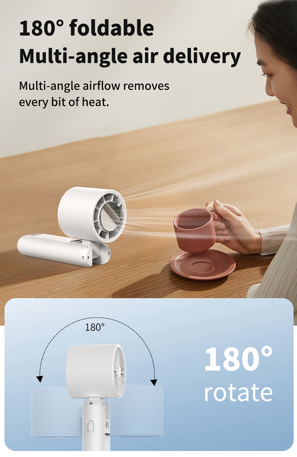 WT21 Portable Handheld Fan, Cooling, 3600mAh Battery, High-speed Motor, 180° Foldable, LED Digital Display, 100-level Speed Adjustment, Black