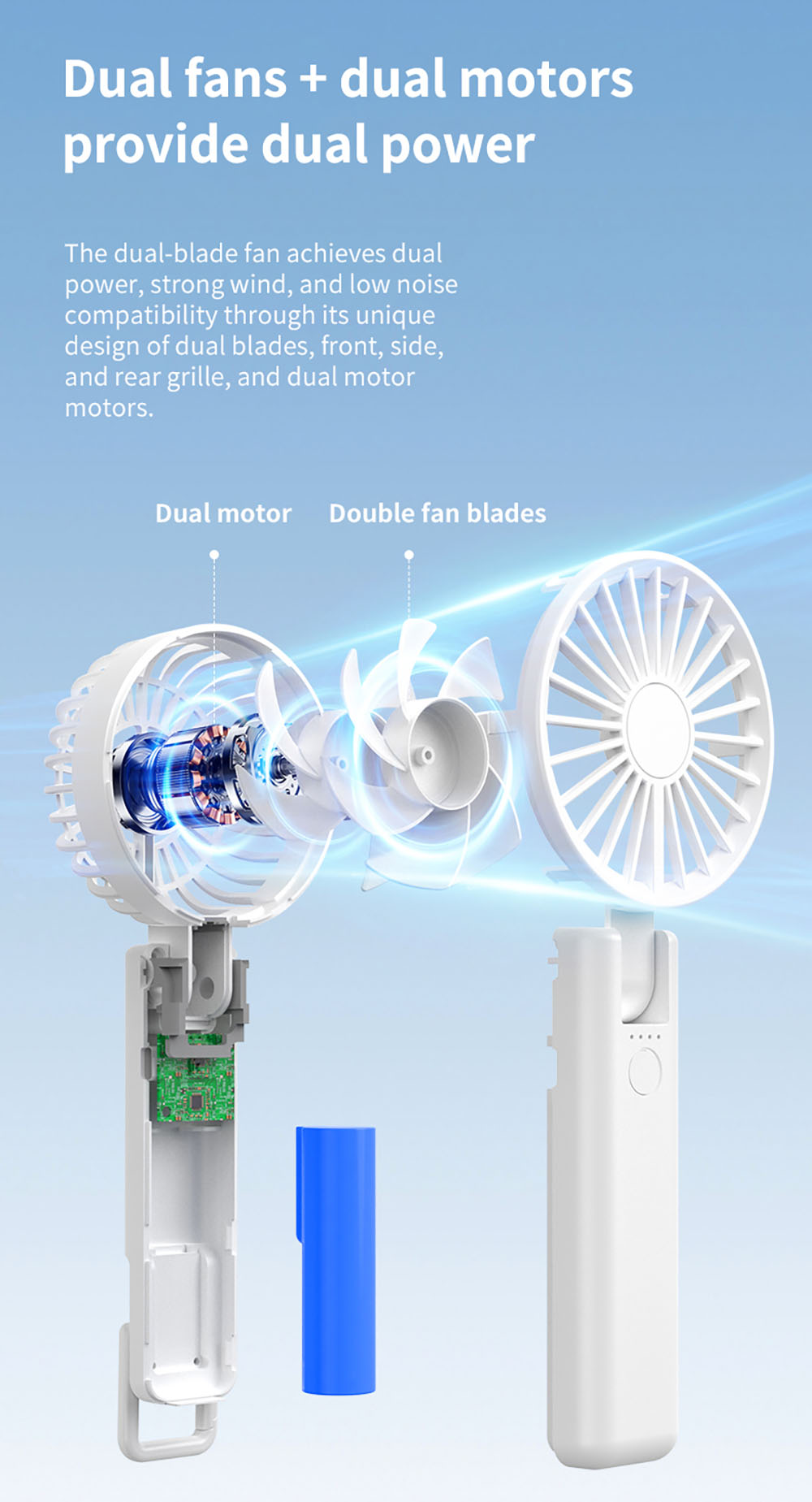 YL09 Portable Rechargeable Handheld Fan, 2000mAh Battery, 180° Foldable, Dual Blades, 4-Speed Adjustment, Black