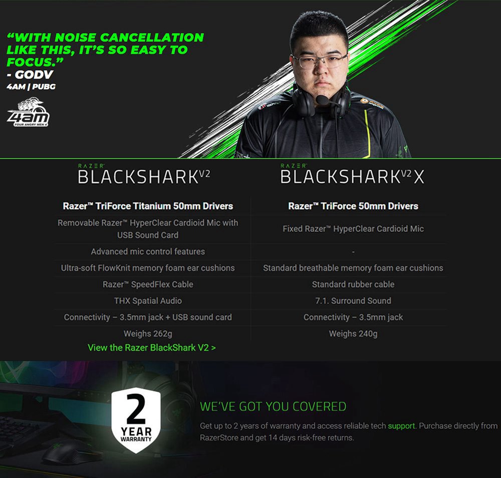 Razer BlackShark V2 X Gaming Headset, 7.1 Surround Sound, 50mm Drivers, Memory Foam Cushion, 3.5mm Audio Jack - Black