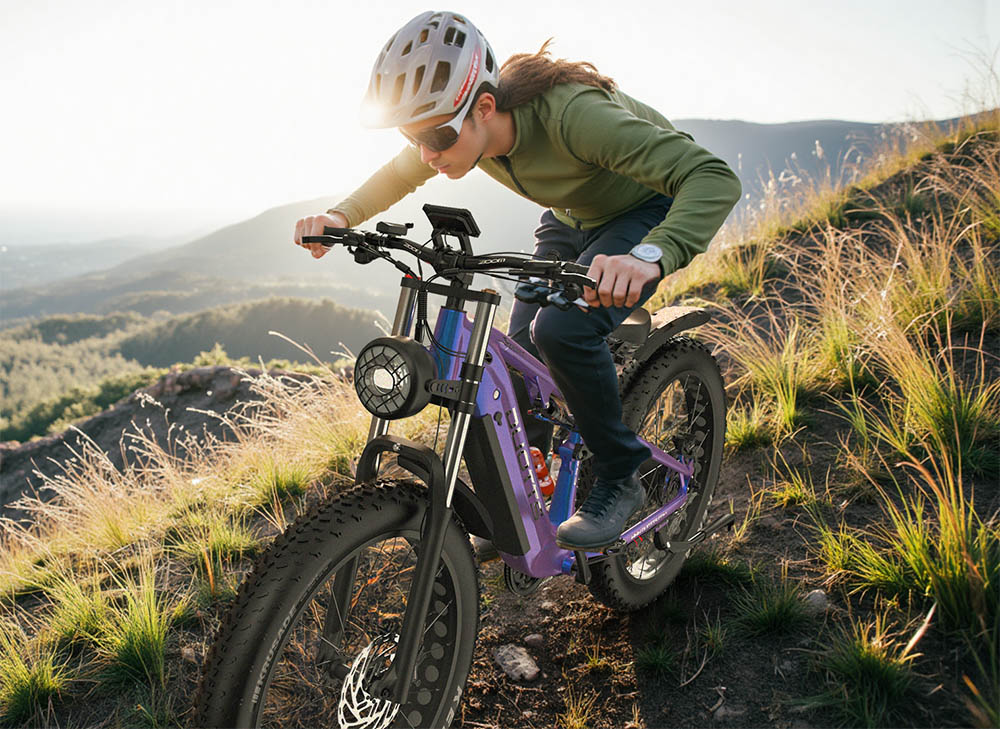 DUOTTS E26 Electric Bike, Bafang 750W Motor Torgue Sensor SAMSUNG 48V 20Ah Battery, 26*4.0 inch Tires, 55km/h Max Speed, 120km Max Range, TEKTRO Hydraulic Disc Brakes, Front and Rear Suspension, Shimano 8-speed - Blue Purple