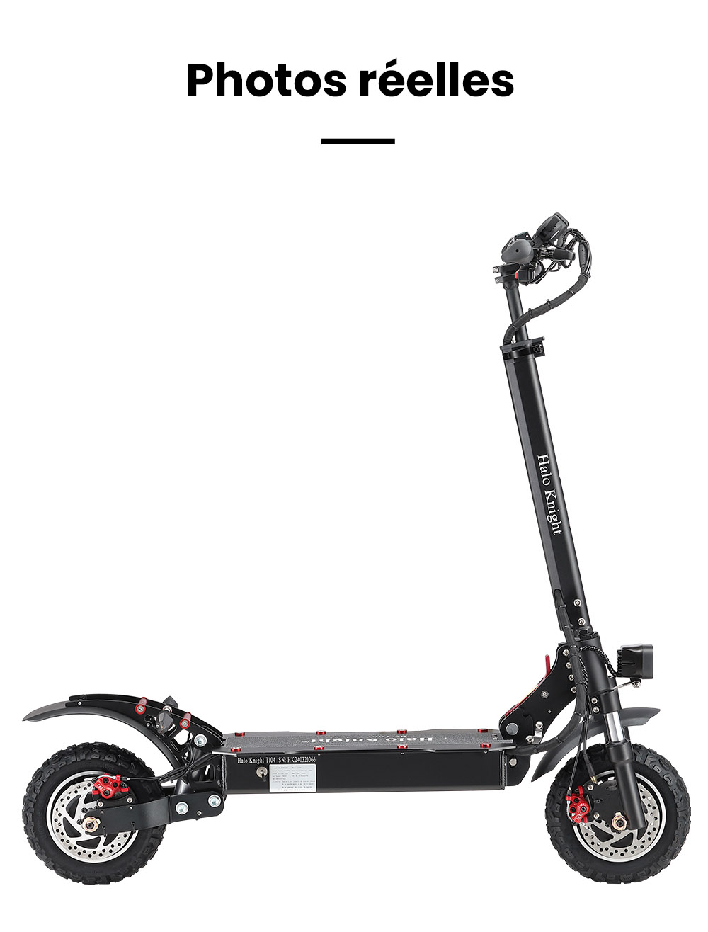 Halo Knight T104 Trottinette électrique, Pneus tout-terrain 10 pouces, Moteur 1000W*2, Vitesse maximale 65km/h, Télécommande, Batterie 52V 21Ah, Autonomie 45km - Noir