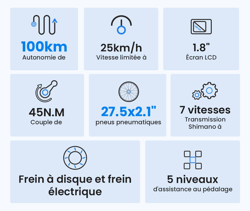 Touroll J1 ST Vélo de randonnée, 27,5 pouces, avec moteur 250 W, batterie 36 V 15,6 Ah, autonomie maximale de 100 km, écran LCD 1,8
