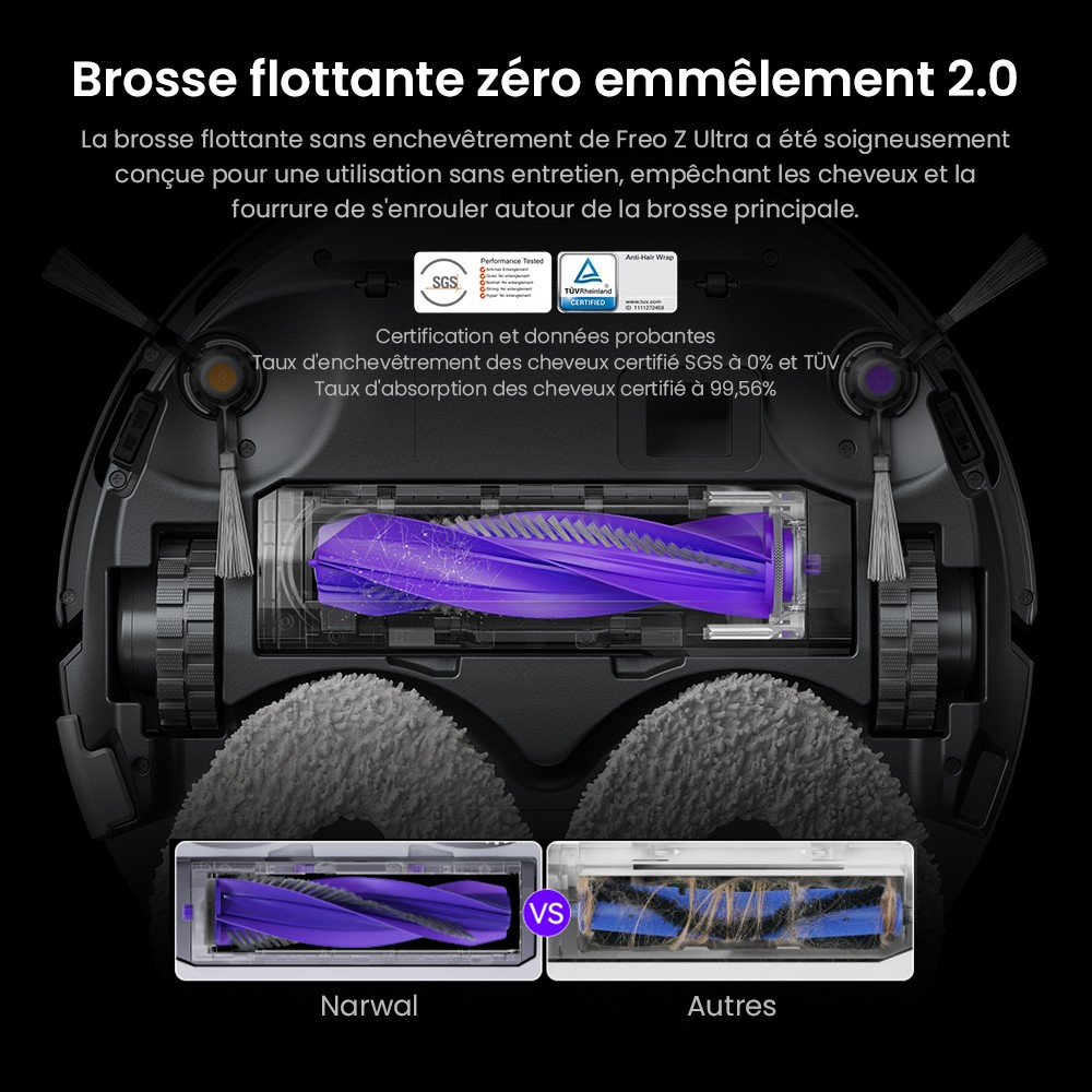 Aspirateur robot et balai Narwal Freo Z Ultra avec station de base, puissance de 12 000 Pa, autovidange, double caméra, zéro enchevêtrement, 120 jours sans entretien, levage automatique de la vadrouille jusqu'à 12 mm, évitement d'obstacles à trois lasers, lavage et séchage à l'eau chaude adaptatifs par IA - Blanc