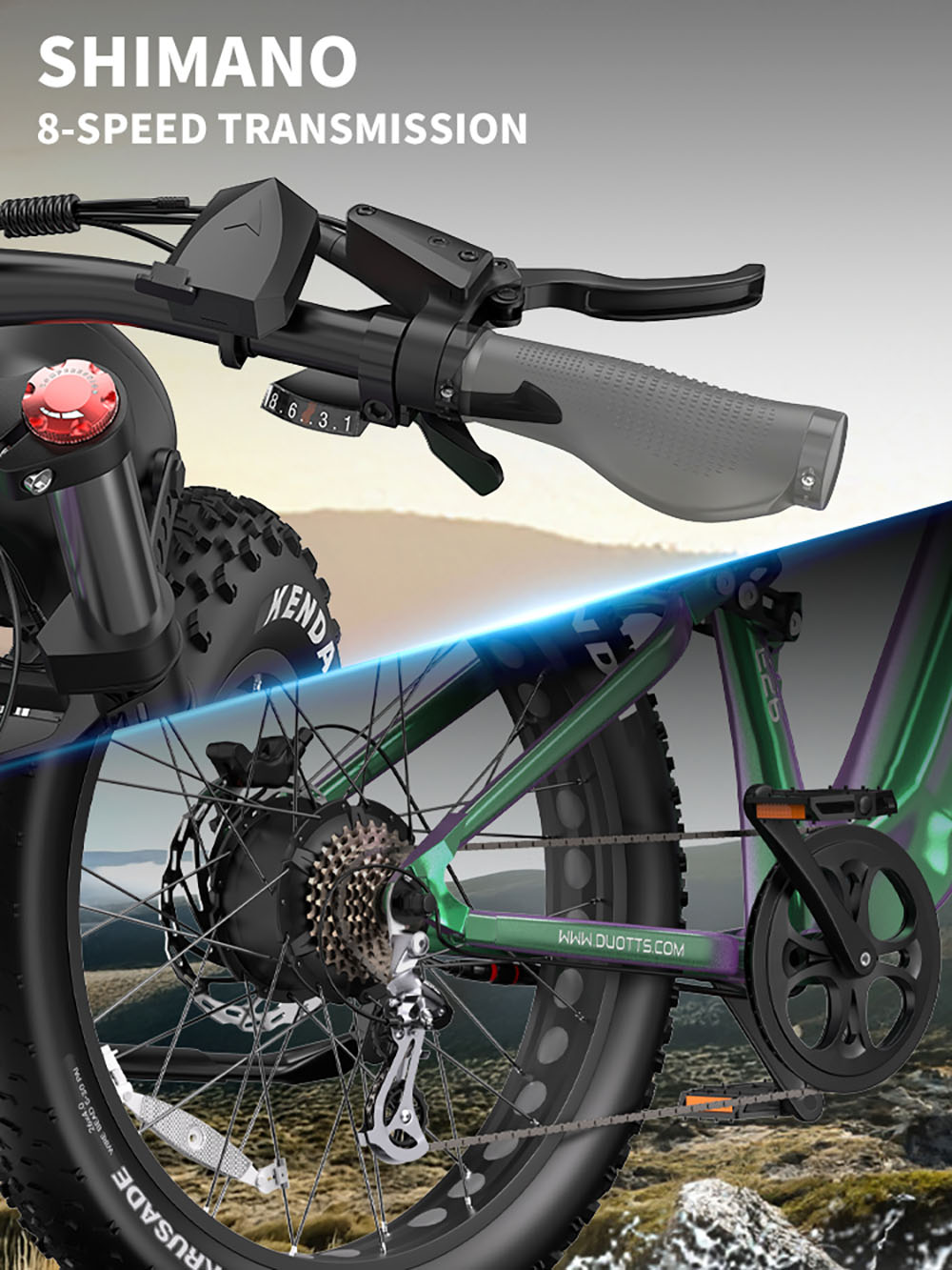 DUOTTS E26 Elektrofahrrad, 750 W Motor, 48 V 20 Ah Akku, 26 x 4,0 Zoll Reifen, 55 km/h Höchstgeschwindigkeit, 120 km Maximale Reichweite, Hydraulische Scheibenbremsen, Vorder- und Hinterradfederung, Shimano 8-Gang - Grün Lila