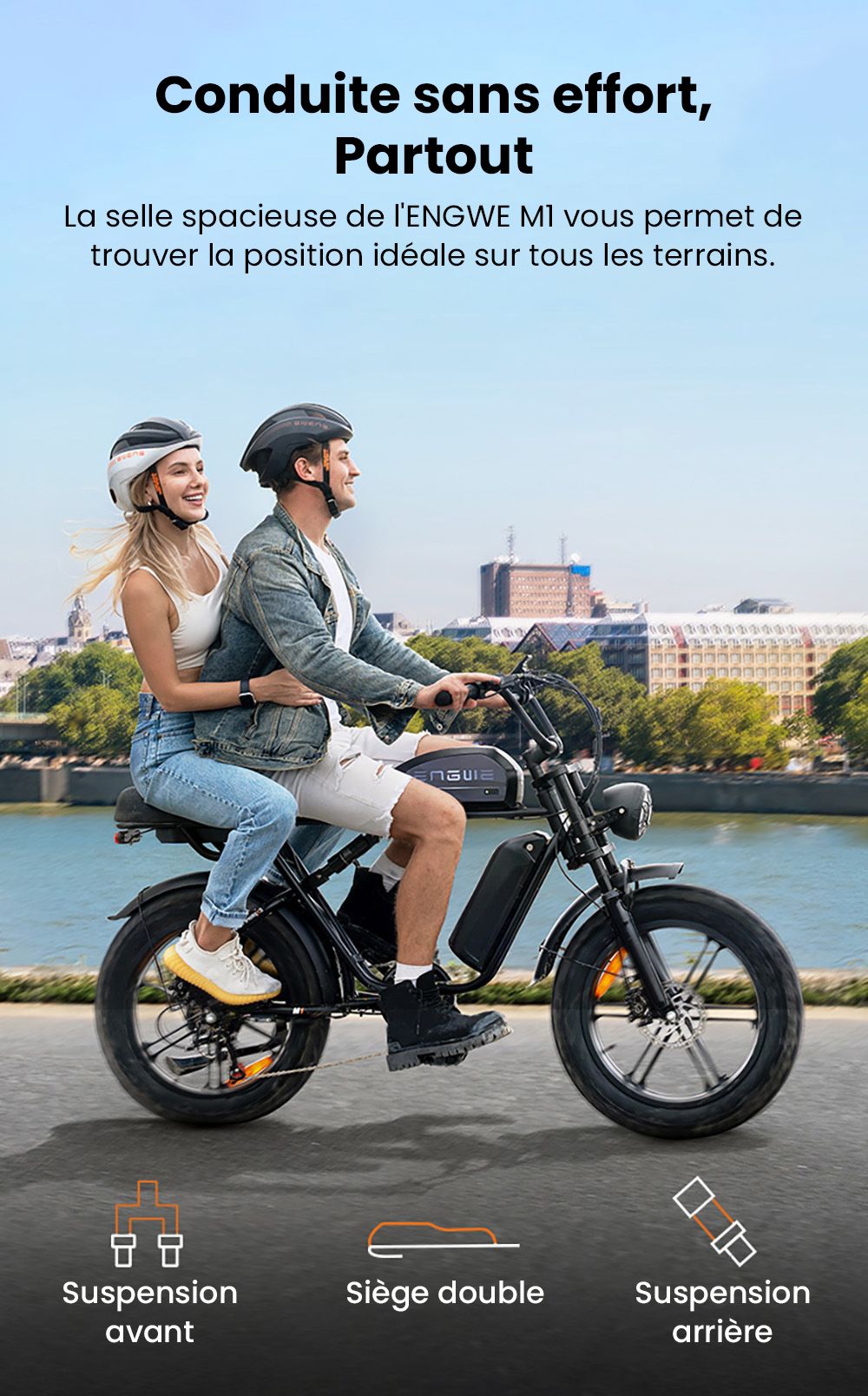 ENGWE M1 Vélo électrique, moteur 250 W, batterie 48 V 15,6 Ah, pneus larges 20 x 4,0 pouces, vitesse maximale 25 km/h, autonomie 90 km, freins à disque hydrauliques, double suspension, Shimano 7 vitesses, écran LCD - Noir