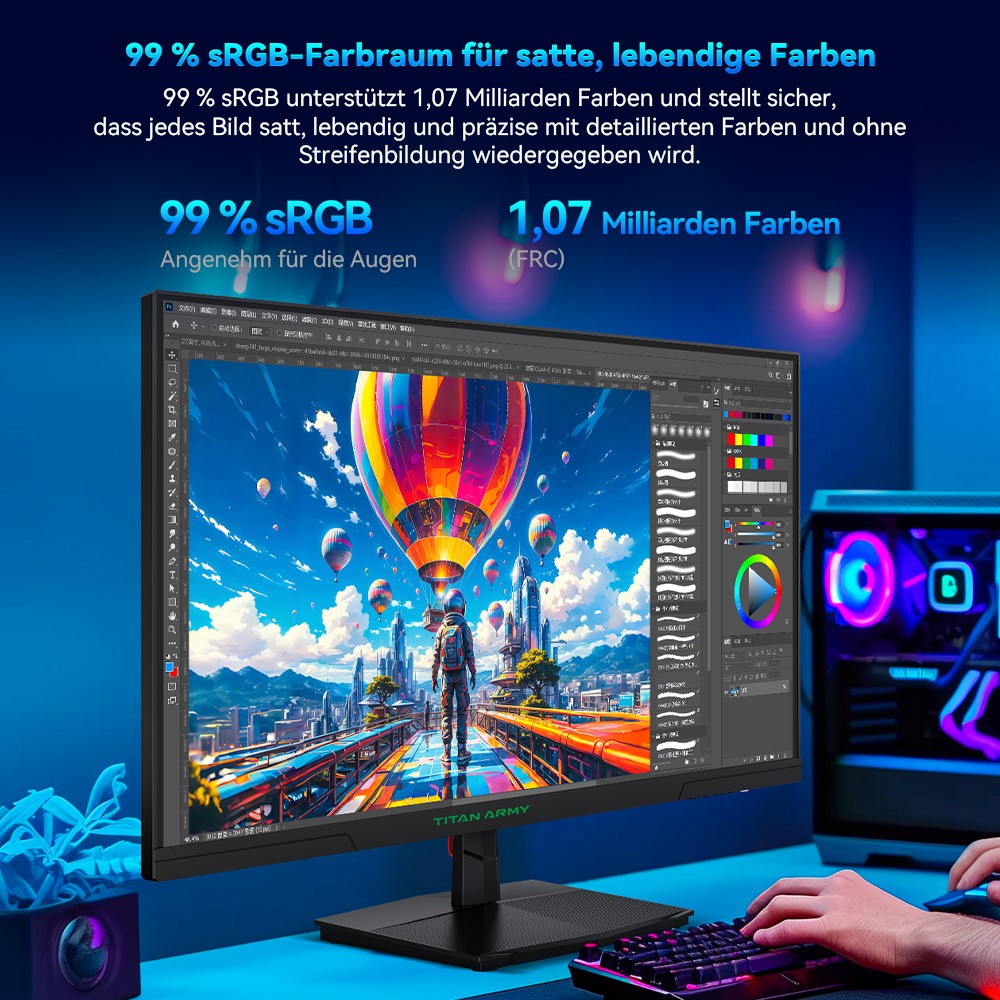 TITAN ARMY P27GR Gaming-Monitor, 27 Zoll 2560 x 1440 Fast-IPS-Bildschirm, 180 Hz Bildwiederholrate, 1 ms GTG, 99 % sRGB, HDR10, Adaptive-Sync, Gaming-Modus, dynamische OD, PBP- und PIP-Anzeige, schwaches blaues Licht, einstellbare Neigung, VESA-Wandmontage