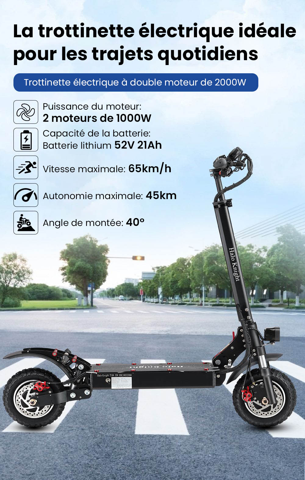 Halo Knight T104 Trottinette électrique, Pneus tout-terrain 10 pouces, Moteur 1000W*2, Vitesse maximale 65km/h, Télécommande, Batterie 52V 21Ah, Autonomie 45km - Noir