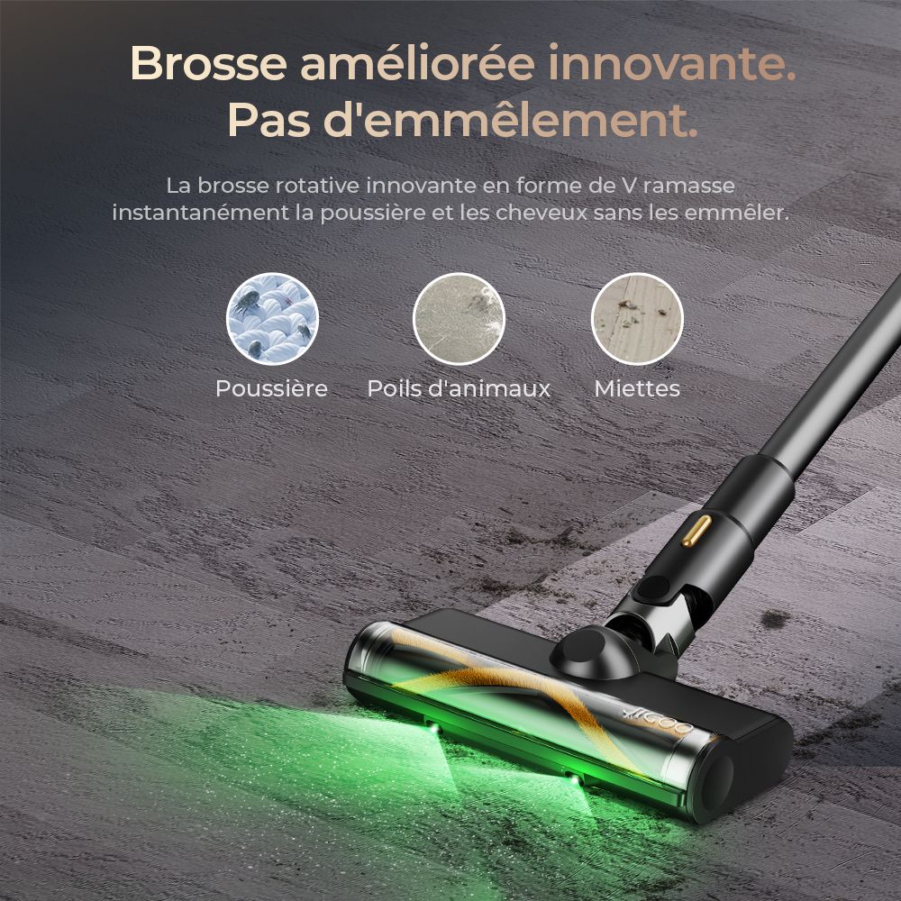 JIGOO V700 Aspirateur sans fil avec station d'aspiration de 2,5 L, vidage automatique de la poussière, puissance d'aspiration de 33 KPa, brosse anti-enchevêtrement, double éclairage LED, jusqu'à 55 minutes d'autonomie, idéal pour sols durs, tapis, an