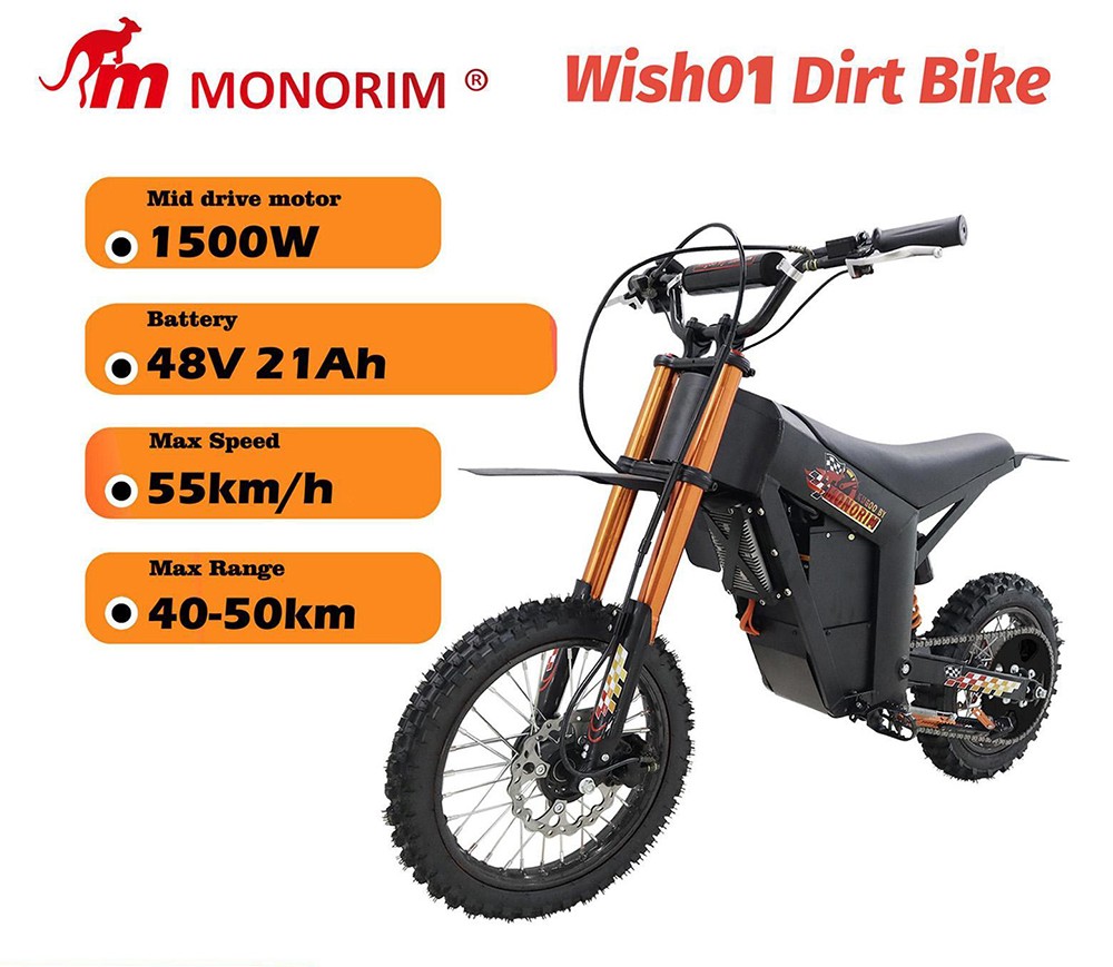KUGOO Wish 01 Off-Road Trail Electric Diry Bike, 1500W Motor, 48V 21Ah Battery, 55km/h Max Speed, 50km Range, 14-inch Front Tire + 12-inch Rear Tire, Hydraulic Suspension, Hydraulic Brake