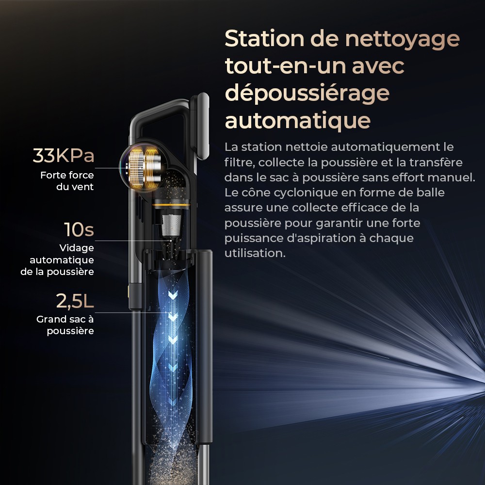 JIGOO V700 Aspirateur sans fil avec station d'aspiration de 2,5 L, vidage automatique de la poussière, puissance d'aspiration de 33 KPa, brosse anti-enchevêtrement, double éclairage LED, jusqu'à 55 minutes d'autonomie, idéal pour sols durs, tapis, an