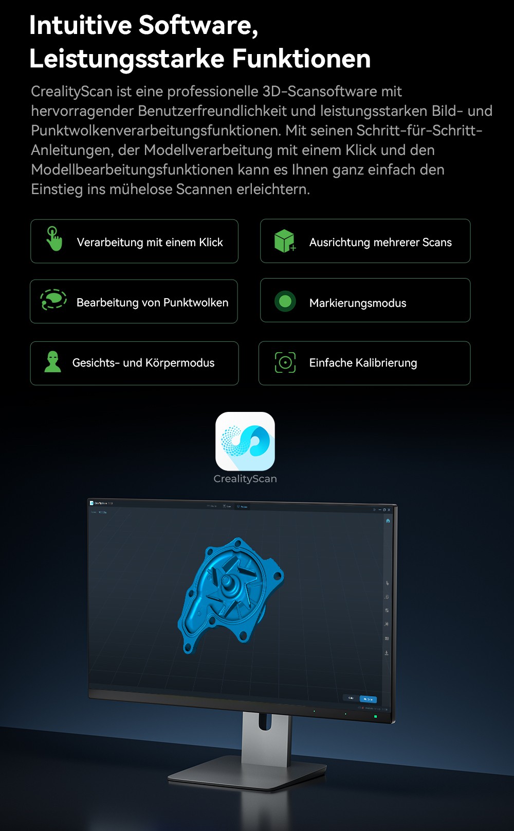 Creality CR Scan Otter 3D-Scanner, 20 fps Scan-Geschwindigkeit, 0,02 mm Genauigkeit, 4-Linsen-Stereovision, 24-Bit-Vollfarbscannen, 8 Infrarotlichter