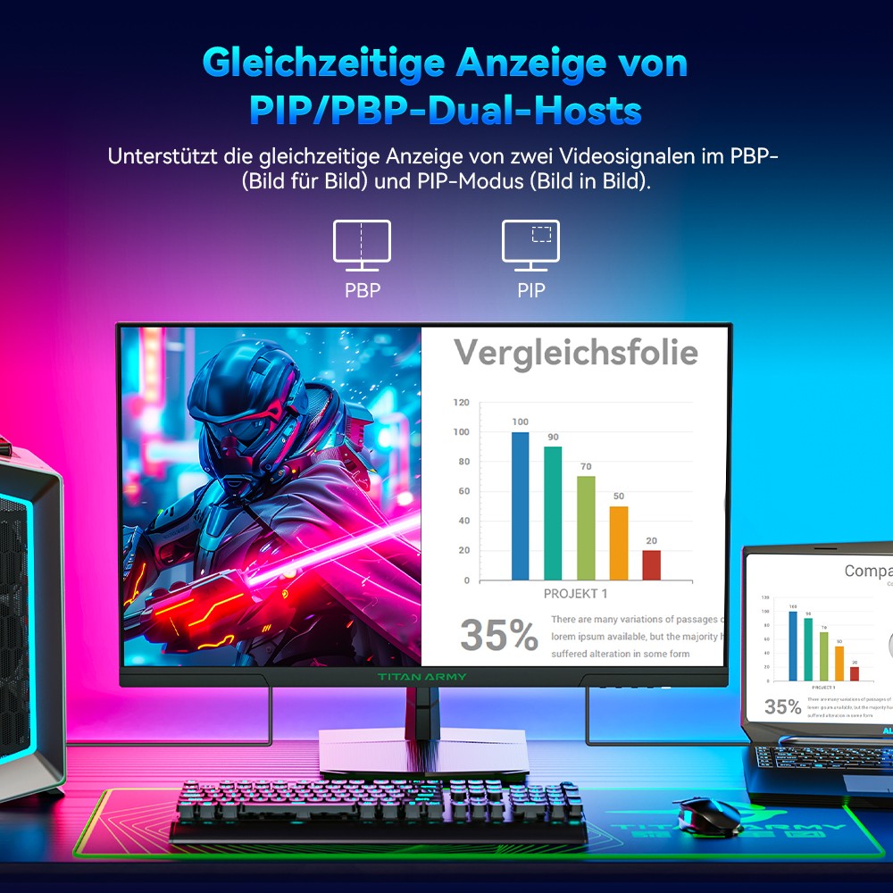 TITAN ARMY P27GR Gaming-Monitor, 27 Zoll 2560 x 1440 Fast-IPS-Bildschirm, 180 Hz Bildwiederholrate, 1 ms GTG, 99 % sRGB, HDR10, Adaptive-Sync, Gaming-Modus, dynamische OD, PBP- und PIP-Anzeige, schwaches blaues Licht, einstellbare Neigung, VESA-Wandmontage